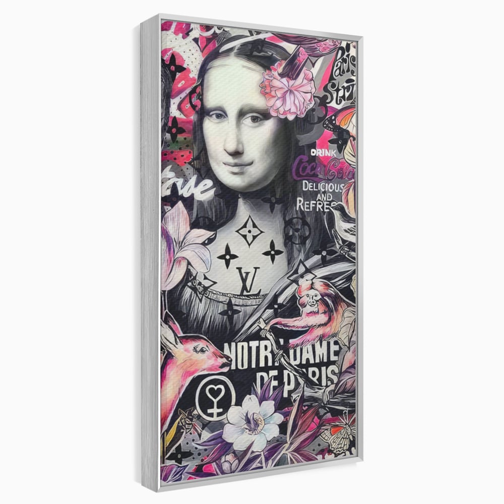 Tablou canvas cu tablou canvas cu mona lisa graffiti, in rama de aluminiu argintiu